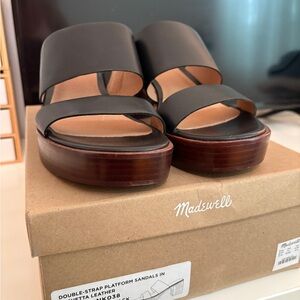 Madewell Black Leather Double-Strap Platform Sandals with Brown Stacked Sole